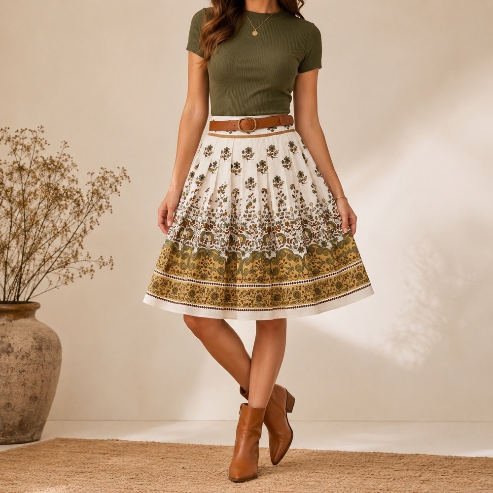 Connection 18 Pleated Floral Border Print Skirt M Knee Length Cottagecore Lined